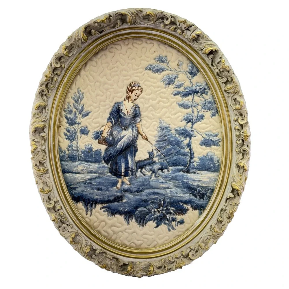 Vintage Toile De Jouy Framed Quilted Textile Wall Art French Country Oval 16x13